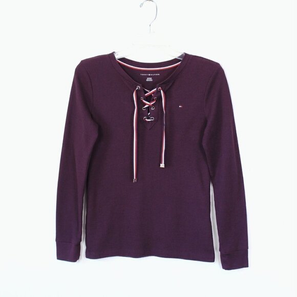 Tommy Hilfiger Purple Waffle Lace Up Henley Extra Small - Picture 2 of 11